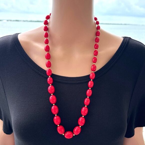 Vintage Monet Necklace Red Gold Beaded 28 Inch Length - Picture 4 of 4